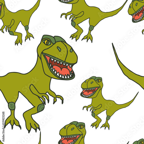 Tironasaurus green seamless pattern on isolated white background. Children s abstract print. Stock vector illustration