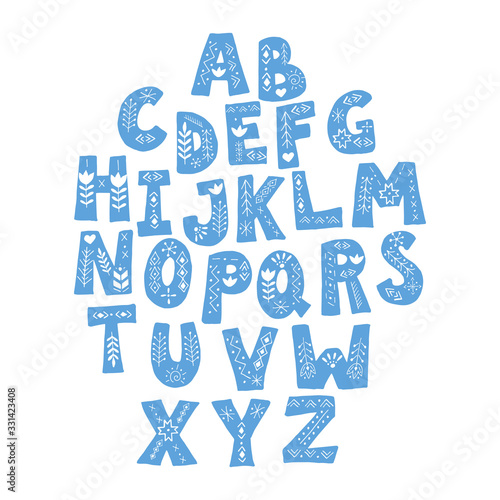 Scandinavian doodle font alphabet. Ethnic ornamental folk letters. Kids cartoon style letters. Vector eps 10.