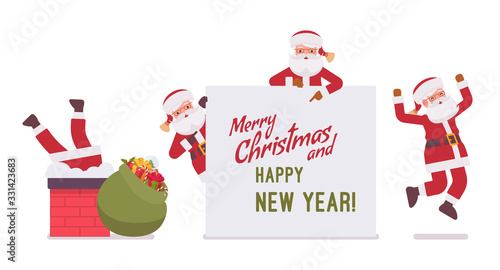 Santa Claus, Father Christmas chimney sweep, holiday greetings. Portly, jolly, white bearded man wearing a red coat carrying a bag full of presents for children. Vector flat style cartoon illustration