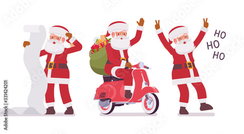 Santa Claus, Father Christmas riding motorbike, laughing ho. Portly, jolly, white bearded man wearing red coat carrying a bag full of presents for good children. Vector flat style cartoon illustration