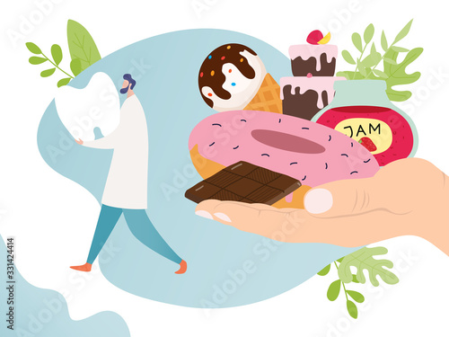 Doctor dentist treating tooth, vector illustration. Hand offering sweets, cakes, chocolate and stomatologist protecting molar. Flat design. Can be used as poster or placard in child s dentistry