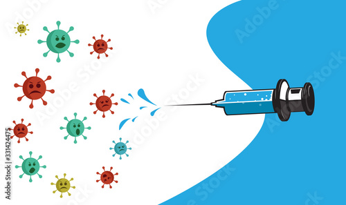 Vaccination and health concept. Illustration of a syringe and antibacterial sign. Medical immunization.