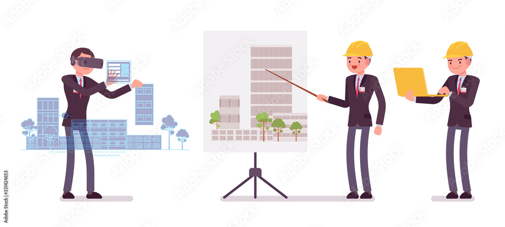 Architect man, professional creating design for buildings. Male worker making presentations, report on house project for clients, using VR platform construction. Vector flat style cartoon illustration