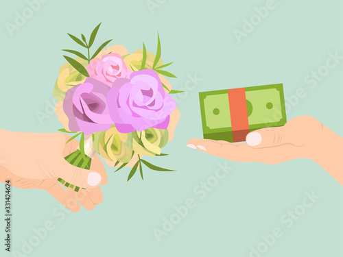 Concept of flower delivery service, vector illustration. One hand holding colorful fresh bouquet and another one green paper bills on abstract background. Plants delivery per money. Isometric drawing