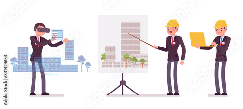 Architect man, professional creating design for buildings. Male worker making presentations, report on house project for clients, using VR platform construction. Vector flat style cartoon illustration