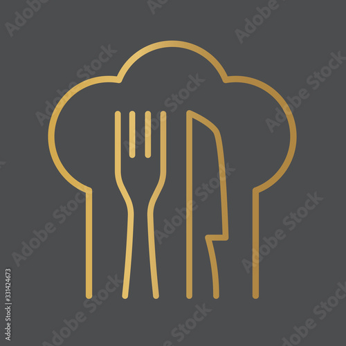 golden chef hat, fork and knife icon- vector illustration