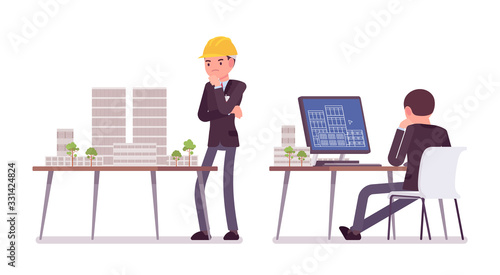 Architect man, professional creating design for buildings at work. Male worker with architectural house scale model, planning industrial exterior at computer. Vector flat style cartoon illustration