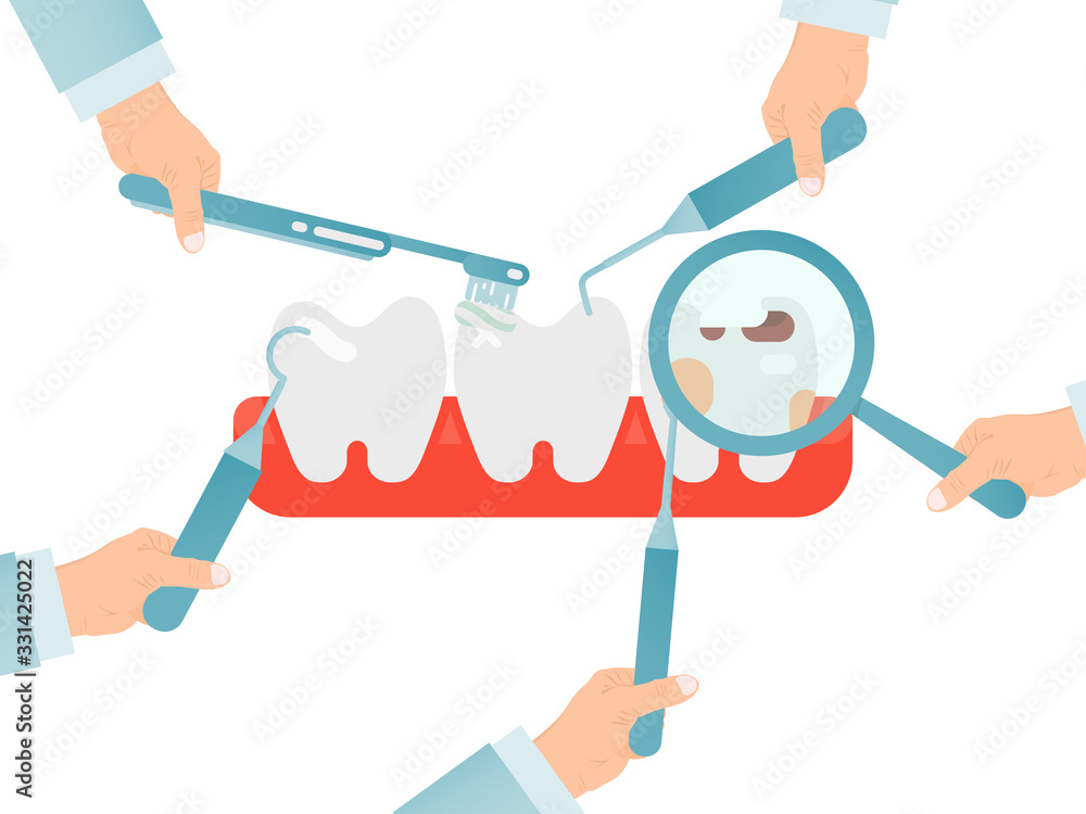 Human hands with medic instruments examining teeth isolated on white, vector illustration. Dentist s hands treating toothache. Medicine and oral health flat design. Care about your health.