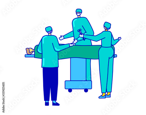 Two caucasian doctors in uniform with a nurse are operating the patient on bed, vector, illustration isolated on white. doctor-patient relationship in hospital. Health care background, medical checkup