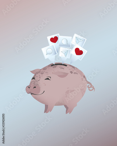 Piggybank cartoon character with media and network symbols. Satisfied piglet who got a lot of comments and likes.