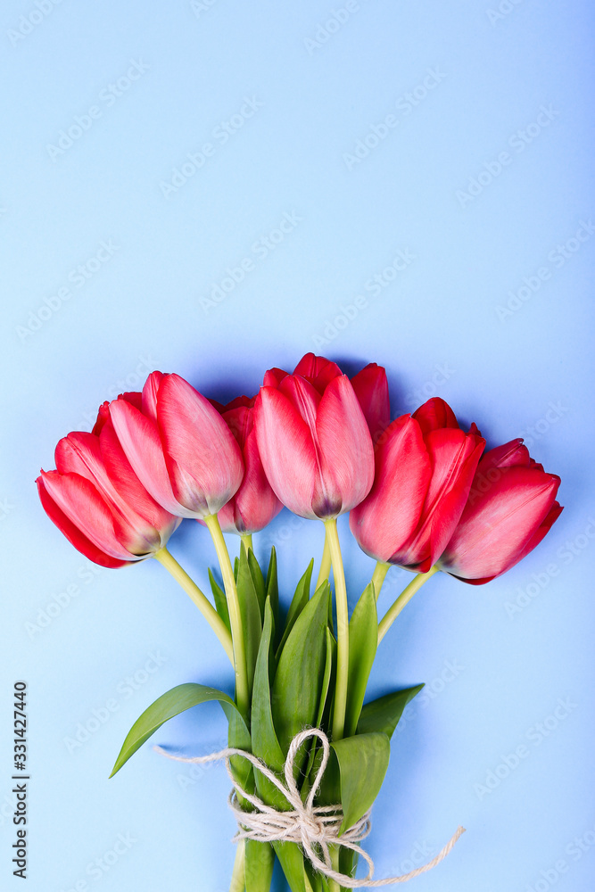 Bouquet of Pink Tulips and ribbon. Easter day background. Bouquet of Pink Tulips and ribbon. Easter day background.