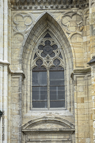 Architectural fragments of Gothic style Roman Catholic Cathedral of Sainte-Croix dominates in Orleans city Centre. Construction of Sainte-Croix started in 1287, inaugurated in 1829. Orleans, France.