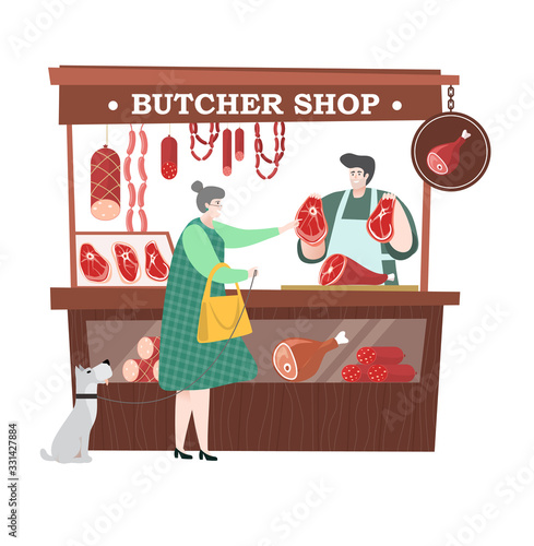 Woman with dog buy meat in seller in local market isolated on white, illustration, vector. Salesperson of butcher department offers the customer his item. Pork and beef, lamb and sausages in buther