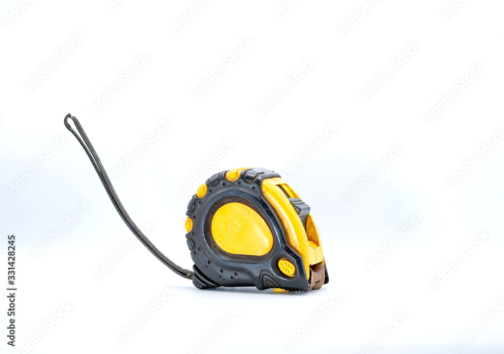 Yellow tape measure That has been used for a long time until rusting White background and isolated Yellow tape measure That has been used for a long time until rusting White background and isolated