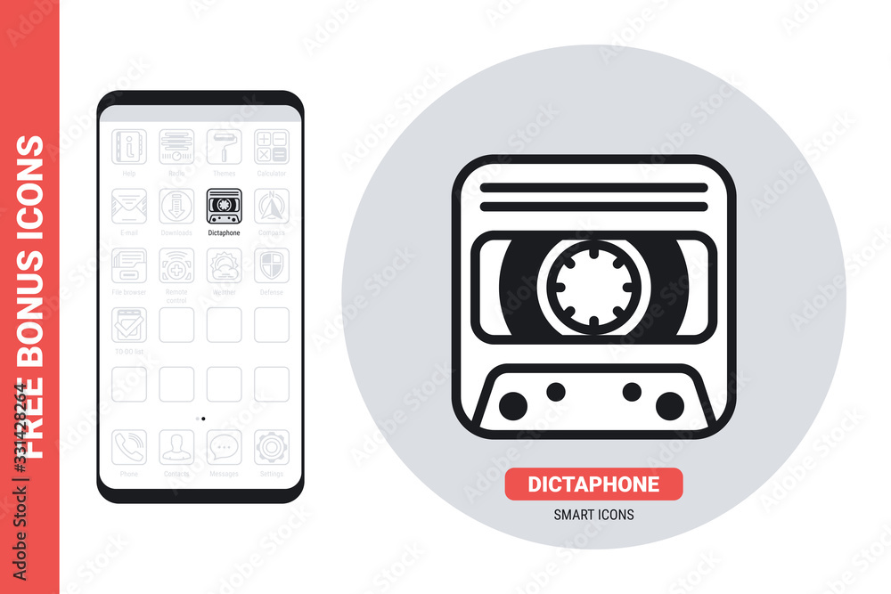 Dictaphone or voice recorder application icon for smartphone, tablet, laptop or other smart device with mobile interface. Simple black and white version. Contains free bonus icons Dictaphone or voice recorder application icon for smartphone, tablet, laptop or other smart device with mobile interface. Simple black and white version. Contains free bonus icons