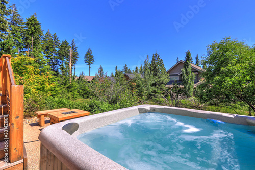 Green open back yard space with open hot tub and blue sky © Iriana Shiyan