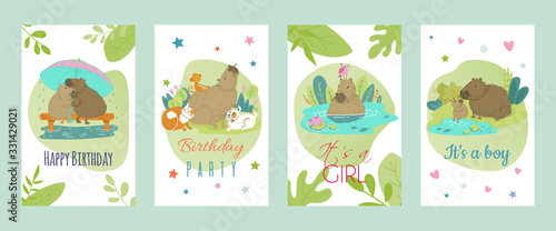 Capybara animal in cartoon style, vector illustration. Cute zoo pet on colorful banner. Greeting with birthday and with son or daughter birth. Collection of funny zoo character for kids in nature