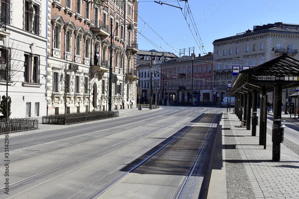Empty streets in Krakow, quarantine related to the coronavirus epidemic