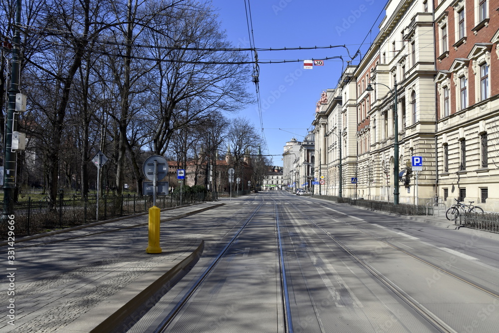 Empty streets in Krakow, quarantine related to the coronavirus epidemic