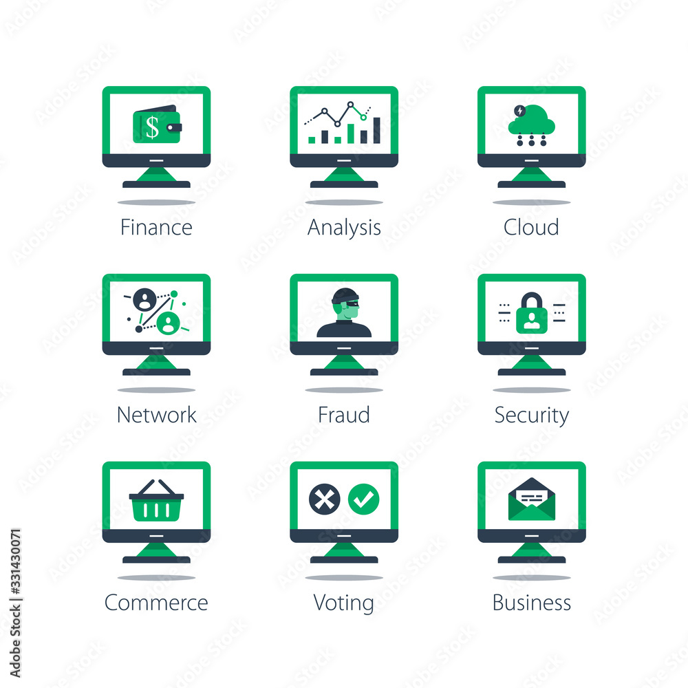 Online finance, data analysis, cloud computing, internet security, shopping basket on computer monitor Online finance, data analysis, cloud computing, internet security, shopping basket on computer monitor