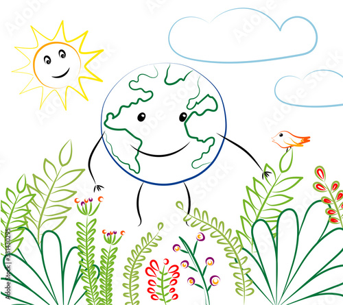 Aerial, vector illustration in cartoon style. Smile, planet Earth and Sun. Unusual plants, clouds. Celebrating Earth Day!