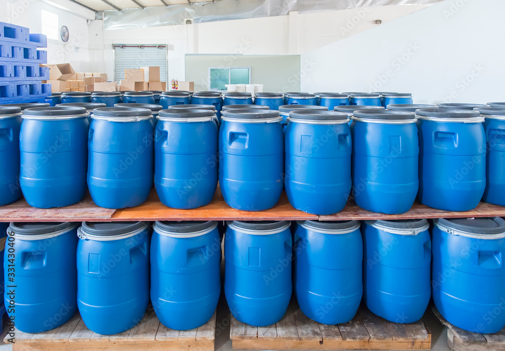 Blue Plastic barrels contain in factory Blue Plastic barrels contain in factory