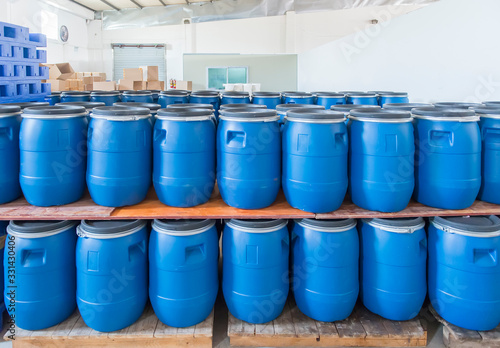 Blue Plastic barrels contain in factory