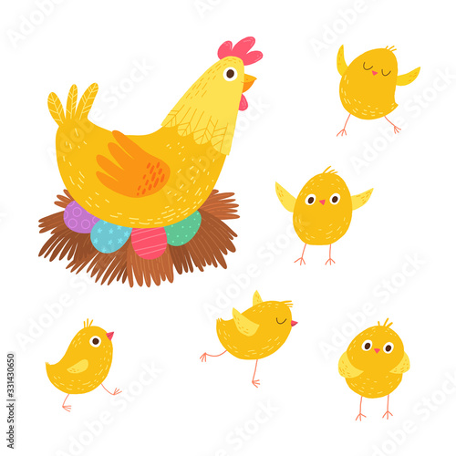 Easter hen with chicks and decorative eggs. Cartoon vector hand drawn eps 10 illustration isolated on dark background in a flat style.