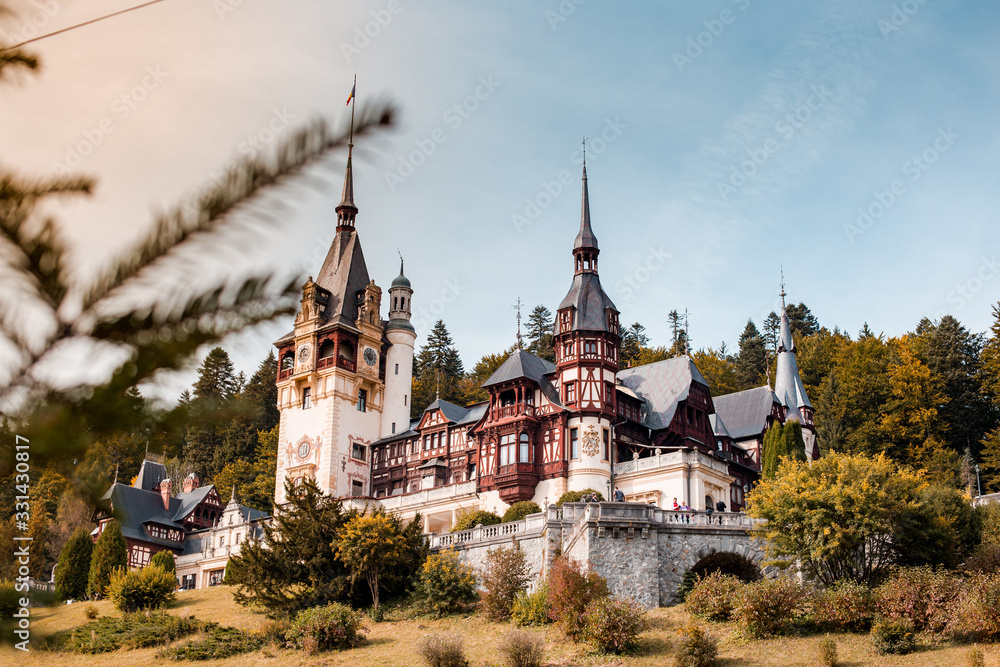 One of the most iconic castel in Romania, Peles Castel, Sinaia. Summer time.