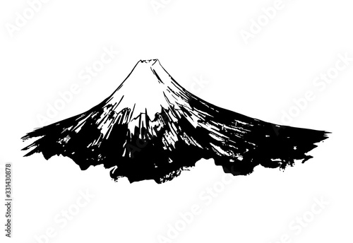 Fuji mount ink paint hand drawn art design, Japanese mountain in vector paintbrush calligraphy style. Mount Fuji with snow peak, Japan and Tokyo landmark symbol ink sketch graphic with brush texture