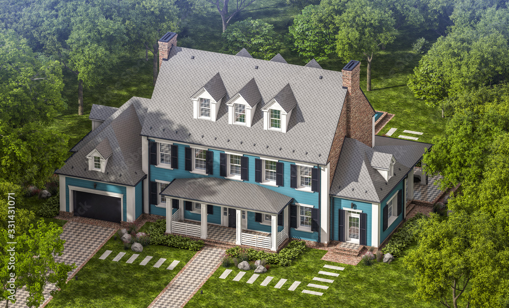 3d rendering of modern cozy classic house in colonial style with garage and pool for sale or rent with beautiful landscaping on background. Clear sunny summer day with blue sky. 3d rendering of modern cozy classic house in colonial style with garage and pool for sale or rent with beautiful landscaping on background. Clear sunny summer day with blue sky.