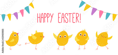 Cute Easter chicken poster. Easter invitation template. Cartoon vector hand drawn eps 10 illustration isolated on dark background in a flat style.