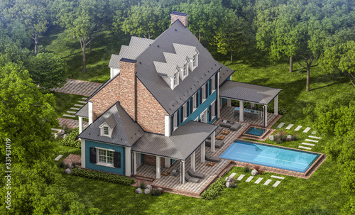 3d rendering of modern cozy classic house in colonial style with garage and pool for sale or rent with beautiful landscaping on background. Clear sunny summer day with blue sky.