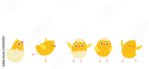 Easter chicks. Chicken coming out of egg. Cartoon vector hand drawn eps 10 illustration isolated on dark background in a flat style.
