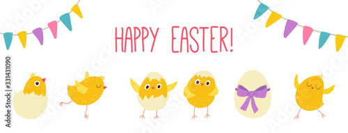 Easter eggs chicks. Cartoon vector hand drawn eps 10 illustration isolated on dark background in a flat style.