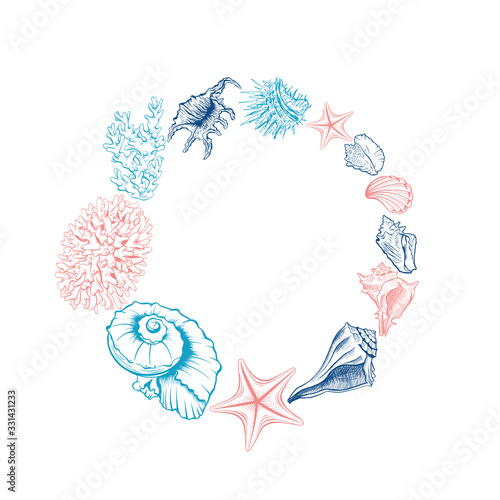 Seashells isolated vector round wreath. Marine algae and corals line art design for cosmetics package, wedding cards. Ocean sea shell, minerals label template. Circle wreath