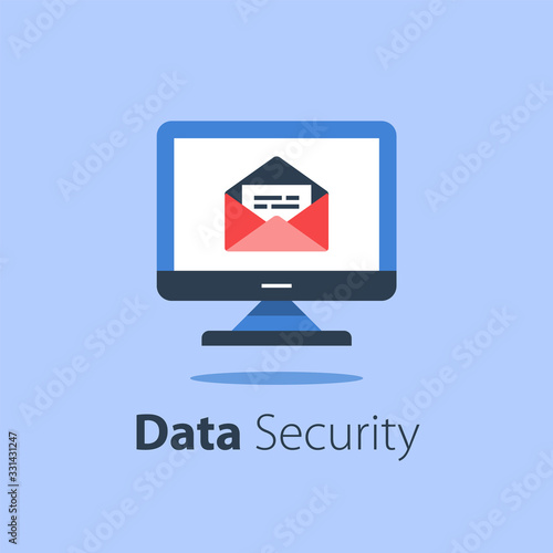 Email management, open envelope and computer monitor, spam letters