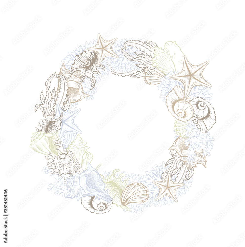 Seashells isolated vector round wreath. Marine algae and corals golden art line design for cosmetics package, wedding cards. Ocean sea shell, minerals label template. Gold foil circle wreath Seashells isolated vector round wreath. Marine algae and corals golden art line design for cosmetics package, wedding cards. Ocean sea shell, minerals label template. Gold foil circle wreath