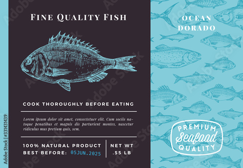 Premium Quality Dorado Abstract Vector Packaging Design or Label. Modern Typography and Hand Drawn Sketch Fish Pattern Background Seafood Layout