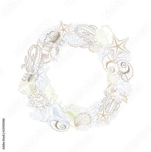 Seashells isolated vector round wreath. Marine algae and corals golden art line design for cosmetics package, wedding cards. Ocean sea shell, minerals label template. Gold foil circle wreath