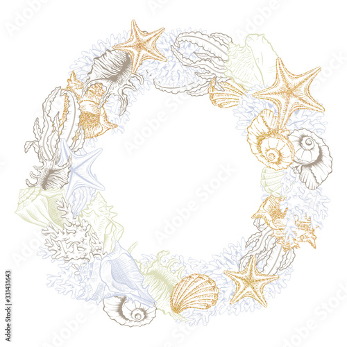 Seashells isolated raster round wreath. Marine algae and corals golden art line design for cosmetics package, wedding cards. Ocean sea shell, minerals label template. Gold foil circle wreath