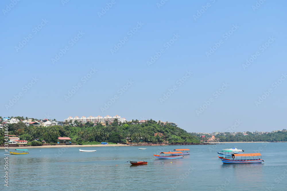 landscape view of ocean ,with boats in Dona paula,goa