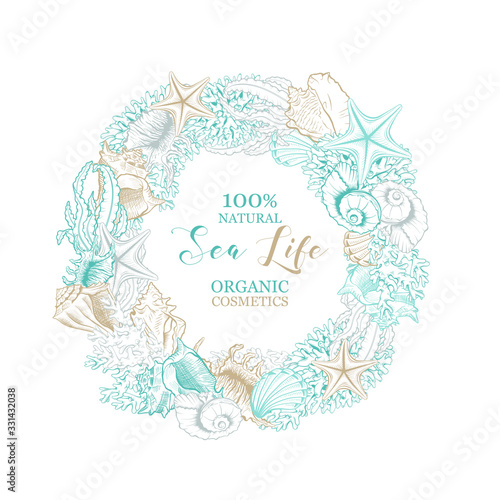 Seashells isolated vector round wreath. Marine algae and corals golden art line design for cosmetics package, wedding cards. Ocean sea shell, minerals label template. Gold foil circle wreath