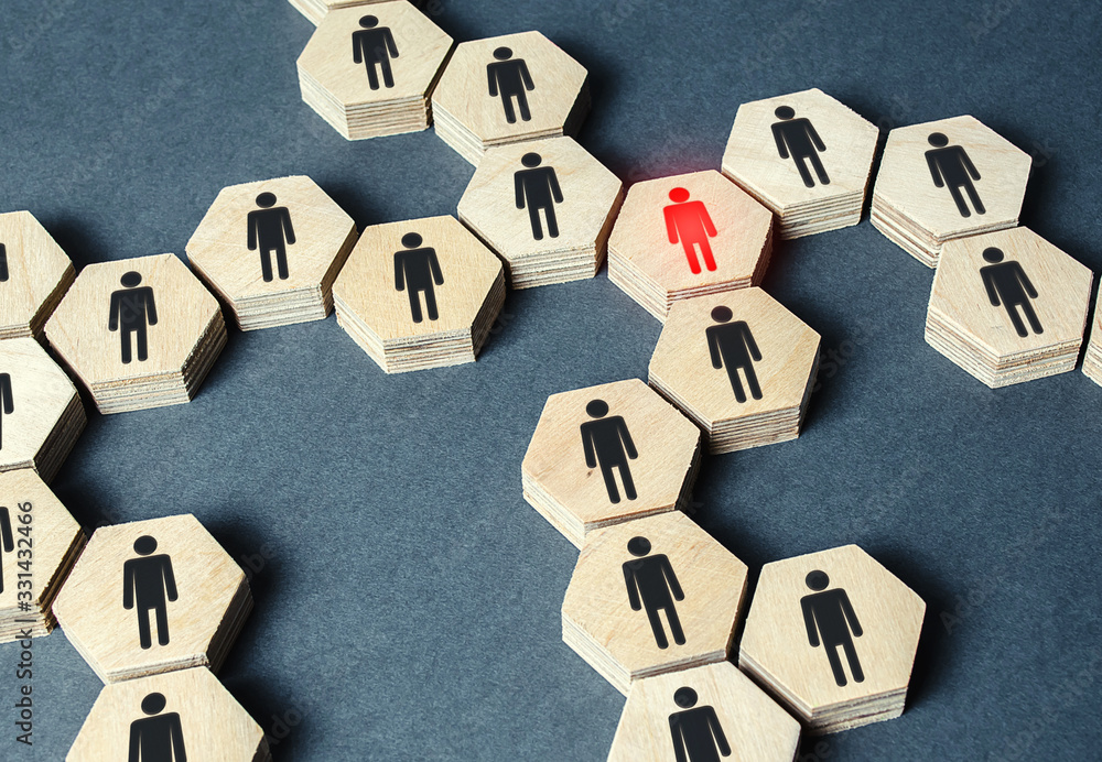 Red human figure in a network. Leader and leadership skills. Threat of virus infection. Teamwork of a talented professional worker. Weak link, toxic worker. Untrustworthy. Cooperation, collaboration Red human figure in a network. Leader and leadership skills. Threat of virus infection. Teamwork of a talented professional worker. Weak link, toxic worker. Untrustworthy. Cooperation, collaboration