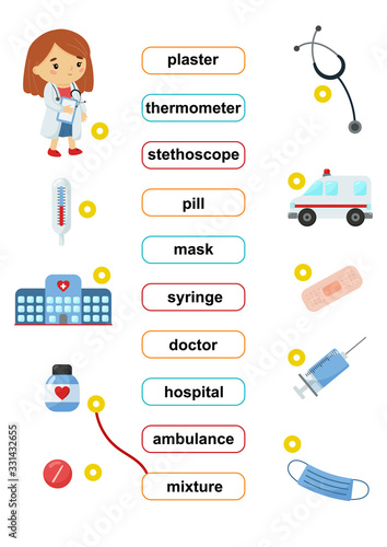 Word match educational game. Learn english vocabulary. Medicine and healthcare. Cute cartoon doctor. Worksheet for children.