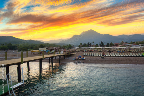 Amazing sunset on the coast of Turkish Riviera with Mount Tahtali in background  Tekirova