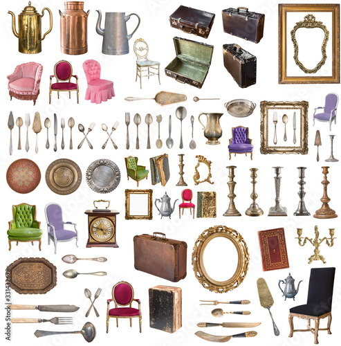 Huge set of antique items.Vintage household items, silverware, furniture and more. Isolated on white background.