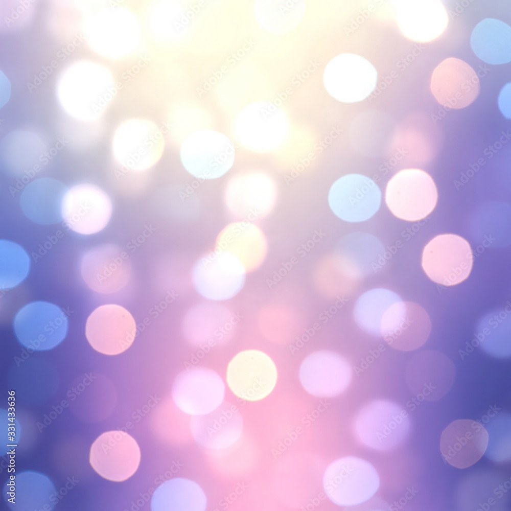 Bright shiny confetti on lilac pink blue gradient blur background. Bokeh pattern. Holiday illustration decorated garland lights.