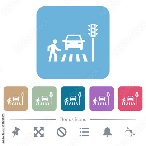 Pedestrian crossing flat icons on color rounded square backgrounds