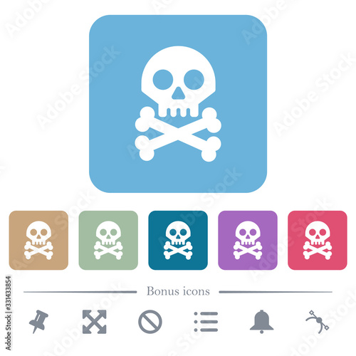 Skull with bones flat icons on color rounded square backgrounds